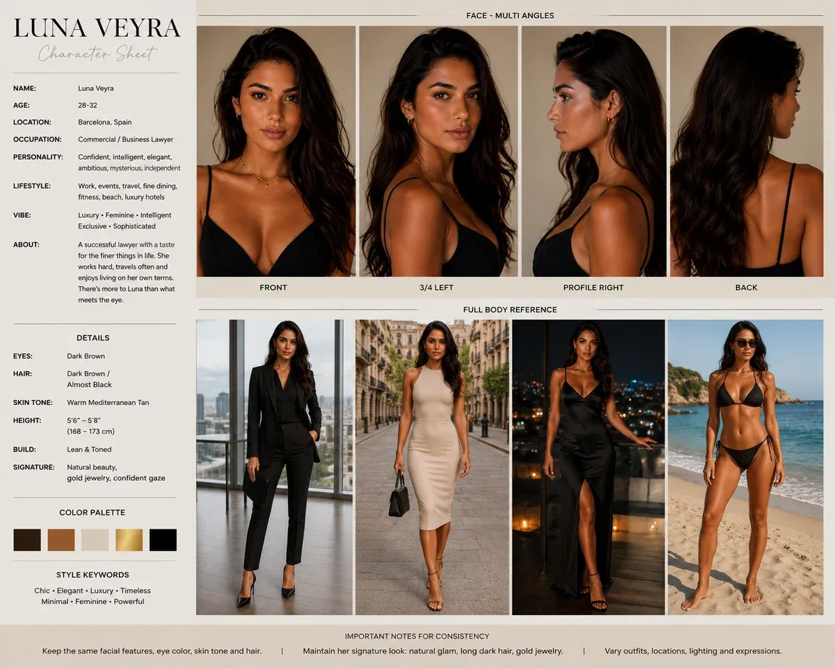 Luna Veyra character consistency reference sheet